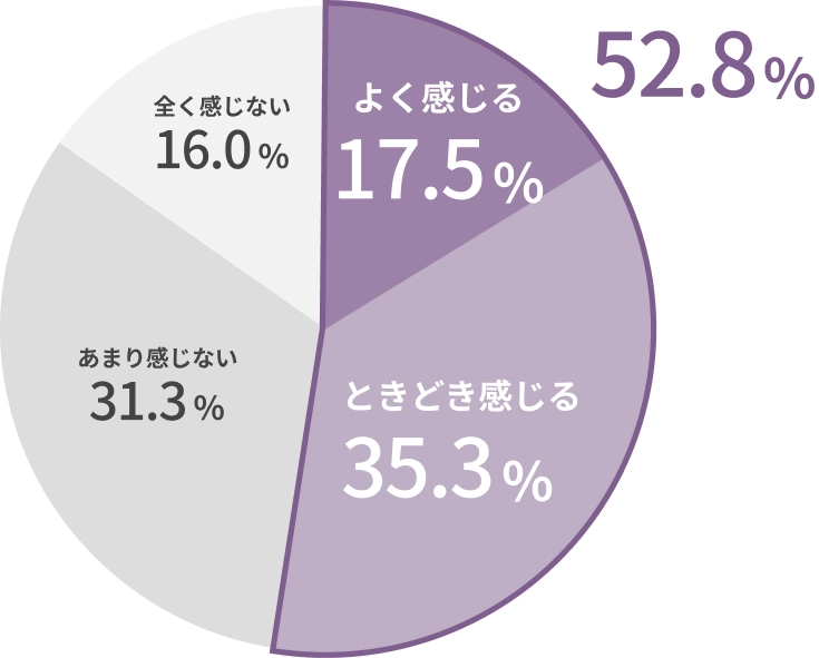 よく感じる 17.5％ ときどき感じる 35.3％ あまり感じない 31.3％ 全く感じない 16.0％ 合計52.8％